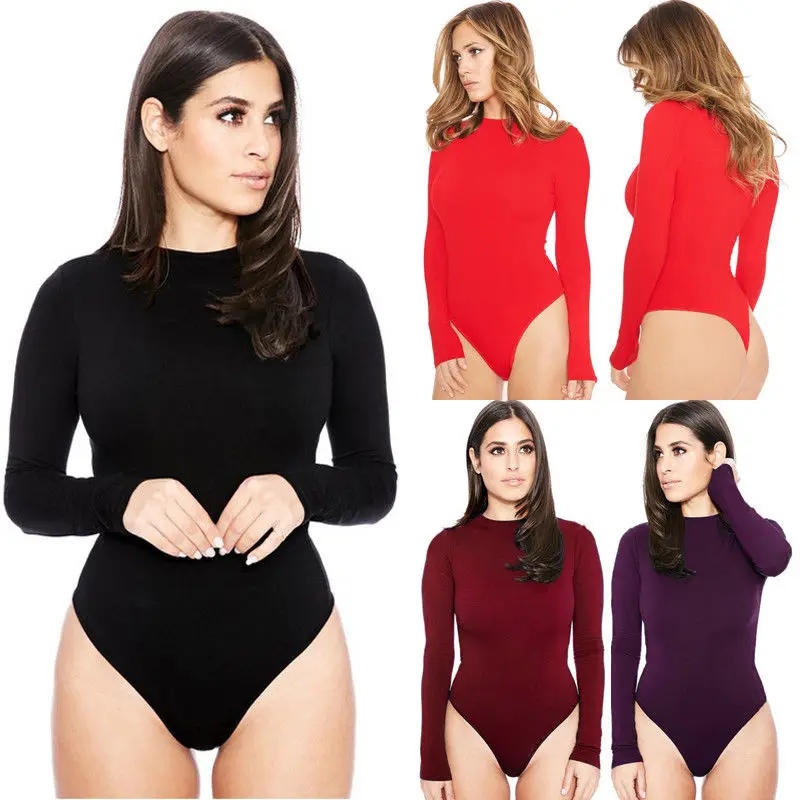 

Women Long Sleeve Bodysuits Plunge Stretch Leotard Tops Bodysuit Jumpsuit Black Red Sexy Women Clothes S-XL