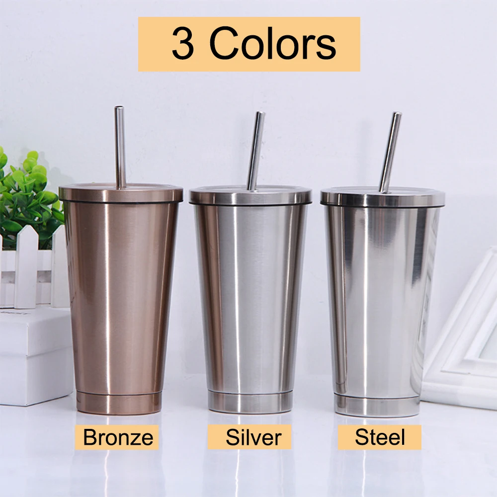 

500ml Stainless Steel Cup Water Bottle Hot Cold Drink Vacuum Insulated Flask Straw Lid Set Coffee Mug Portable Travel Tumbler