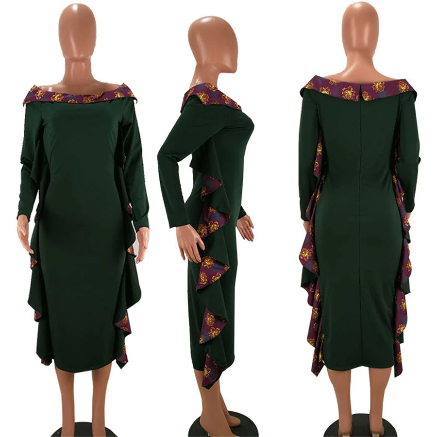 BAIBAZIN African Woman Dress Fashion Sexy Word Shoulder Long Sleeves With Fluttered Side Knit Dress