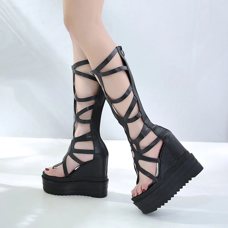 

Women Shoes Wedge Platform Sandals Knee High Roman Sandals Open Toe High Heels Black Wedges Sandals High Heel Platform Shoes