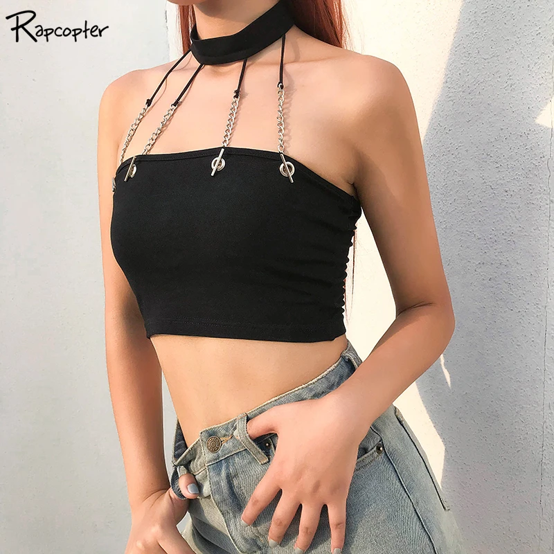 

Rapcopter Halter Chains Sleeveless Patchwork Backless Sexy Tank Top Black Harajuku Summer Vest Top Streetwear Fashion Tops 2019