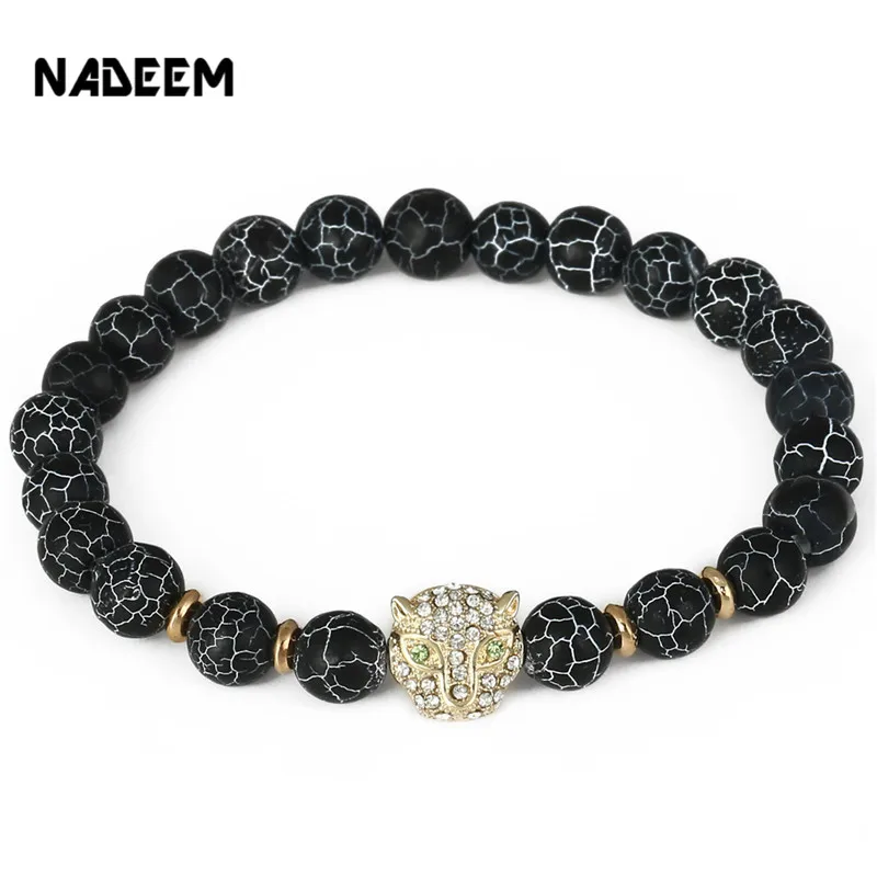 

2017 Micro Pave Crystal Leopard Head Charm Bracelet Natural Lava Stone Bead Bracelet Stretch Bracelet Jewelry for Men Women Gift