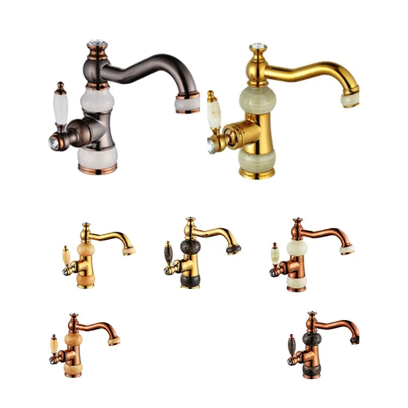 

Copper-gold jadeite faucet European-style natural jadeite faucet rotatable basin cold-hot mixing faucet