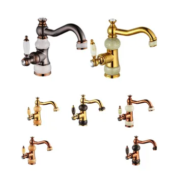 

Copper-gold jadeite faucet European-style natural jadeite faucet rotatable basin cold-hot mixing faucet