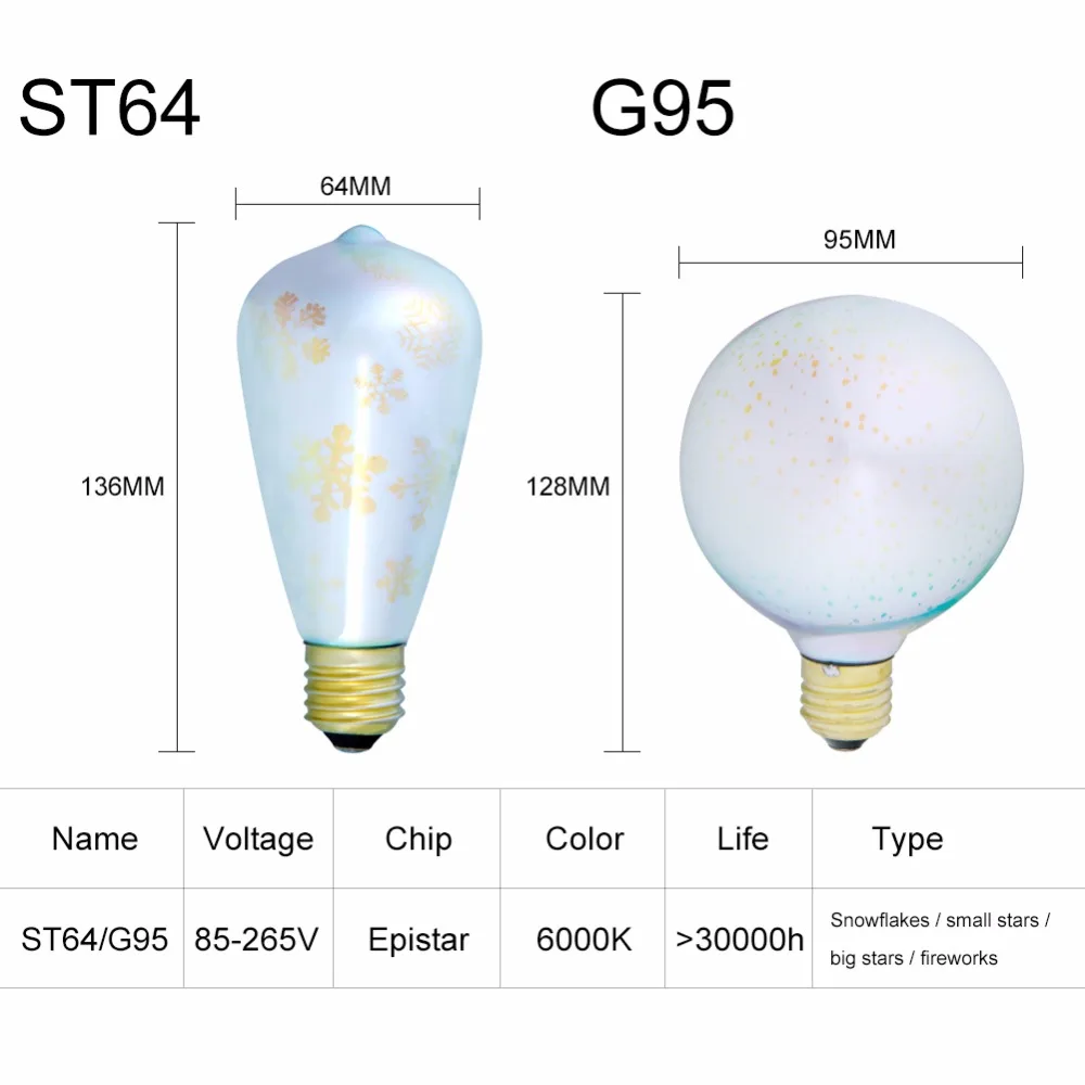E27 светодиодный светильник, новинка, 3D, фейерверк, снежинка, декоративная лампа Эдисона, 85-265 в, ST64 G95, праздничный, Рождественский Декор, детский подарок