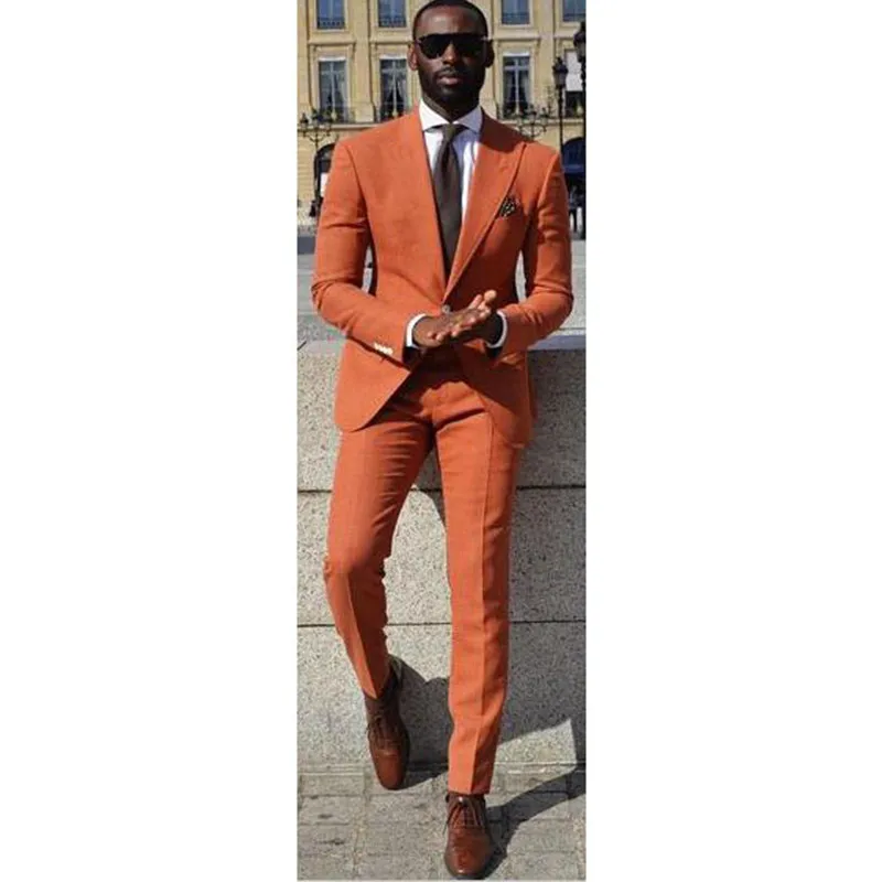 24-1 Custom Made Orange Men Suit Skinny Formal Simple Outfit Party Blazer Prom Tuxedo 2 Piece Groom Tuxedos (Jacket+Pants)