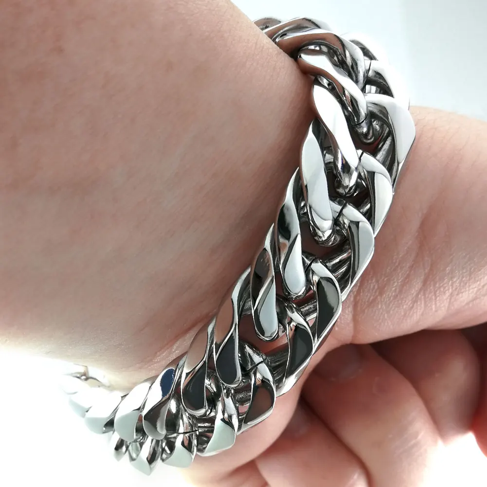 Браслет мужской из нержавеющей стали 316L B255 16 мм Ширина Серебряный тон длина 18-24 см