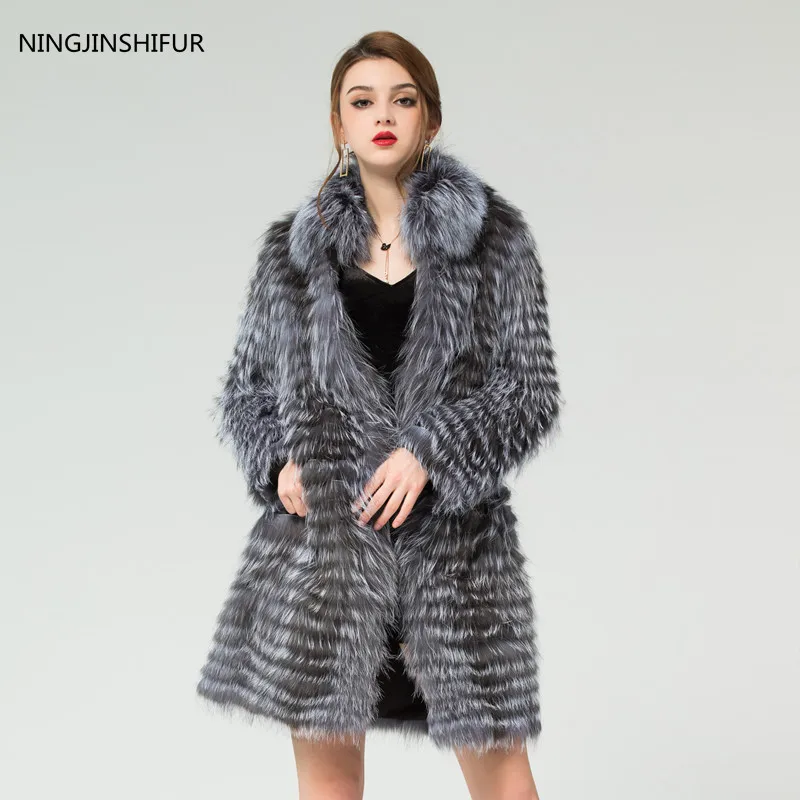 Новые брендовые шубы из натурального меха серебристой лисы, модная меховая куртка, пальто в полоску, женские шубы из меха лисы