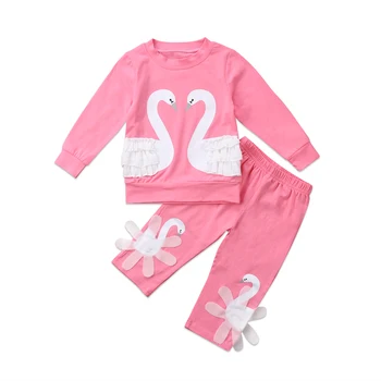

2PCS Cute Toddler Baby Kid Girls Clothes Lace Ruffle Swan Long Sleeve Tops T-shirt Long Pants Outfits Clothes Set