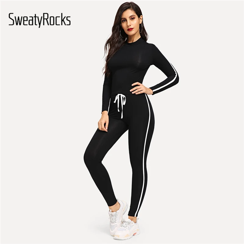 SweatyRocks черный с круглым вырезом в полоску Топ и шнурок талии брюки комплект спортивный костюм Для женщин Весна Activewear комплект из двух предметов