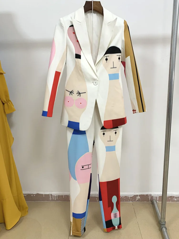 

Blazer Women Spring Autumn Cartoon Geometric Print Two Piece Set One Button Turn-down Collar Blazer+Pencil Pants Woman Tracksuit