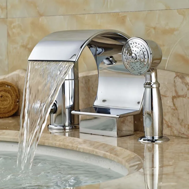 

Polished Chrome Deck Mount Single Handle Bathroom Tub Faucet 3pcs Widespread Bathtub Mixer Taps