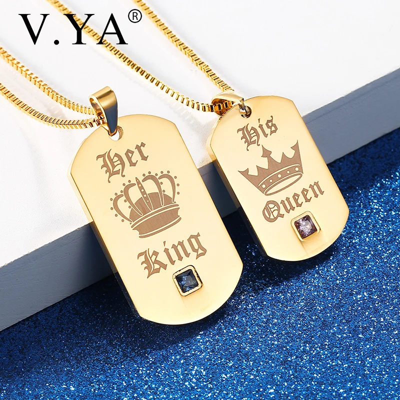 

V.YA Her King & His Queen Couple Necklaces Gold Stainless Steel Customized Pendant For Men & Women Crown Tag Engraved Chains