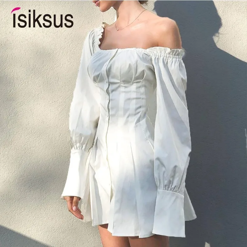 

isiksus Sexy Off Shoulder White Tunic Dress Summer Women Long Sleeve Shirt Dress Female Ruffle Party Mini Dresses Elegant DR210