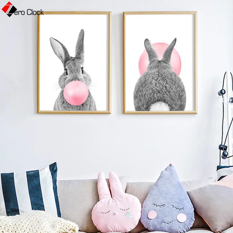 Bunny Rabbit Print Pink Bubble Gum Poster Minimalist Canvas Painting Baby Animals Wall Art Nursery Kids Room Decoration Pictures Bunny Rabbit Print Pink Bubble Gum Poster Minimalist Canvas Painting Baby Animals Wall Art Nursery Kids Room Decoration Pictures