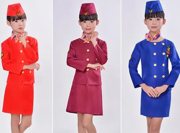 

Masquerade girls Stewardess clothing Pilot uniformed boy Child Aircraft long photography service kids dance costume AMBESTPARTY