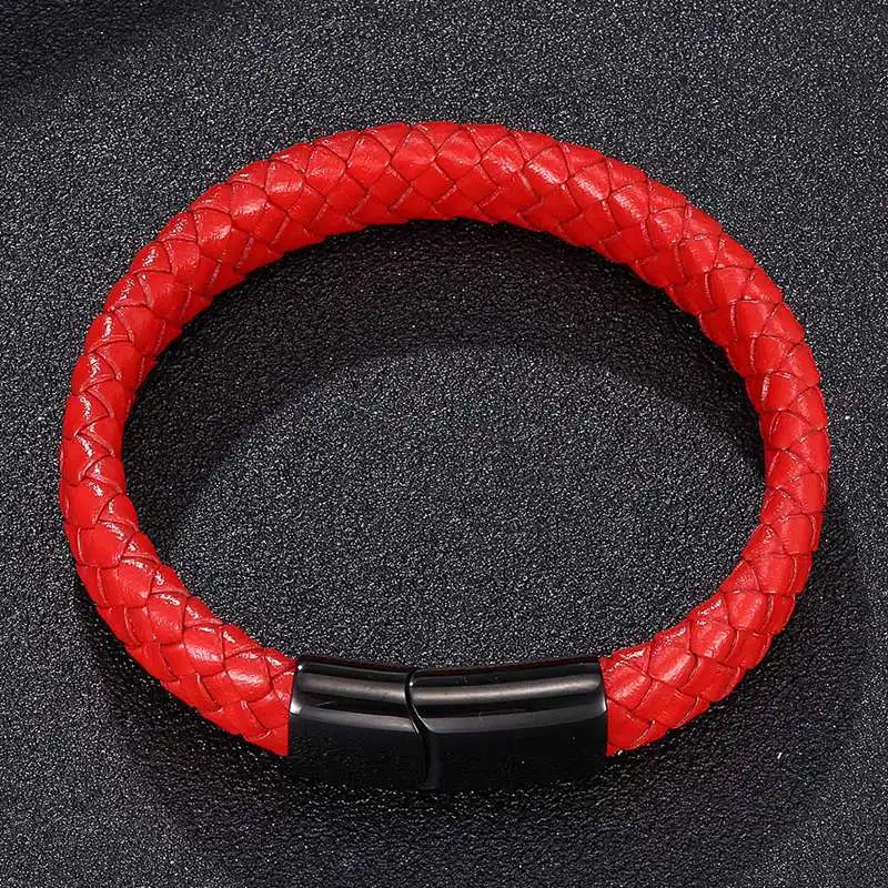 Трендовые мужские ювелирные изделия, красный плетеный кожаный веревочный браслет, черные браслеты с магнитной пряжкой, модные браслеты, подарки PB0022