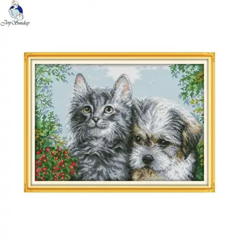 

Joy Sunday Kitten and Puppy Counted 11CT Printed Fabric 14CT Canvas DMC DIY Handwork NKF Cross-stitch set Embroidery