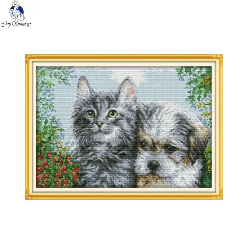 Набор для вышивки крестиком Joy Sunday с изображением котенка и щенка 11CT холст 14CT DMC DIY