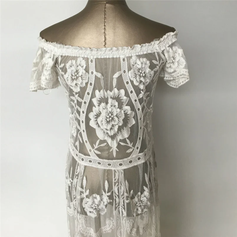 2018 New Women Sexy Off Shoulder Floral Lace Hollow Bikini Cover Up Slash Neck Swimwear Casual Beach Dress Wholesale F#L18 (5)