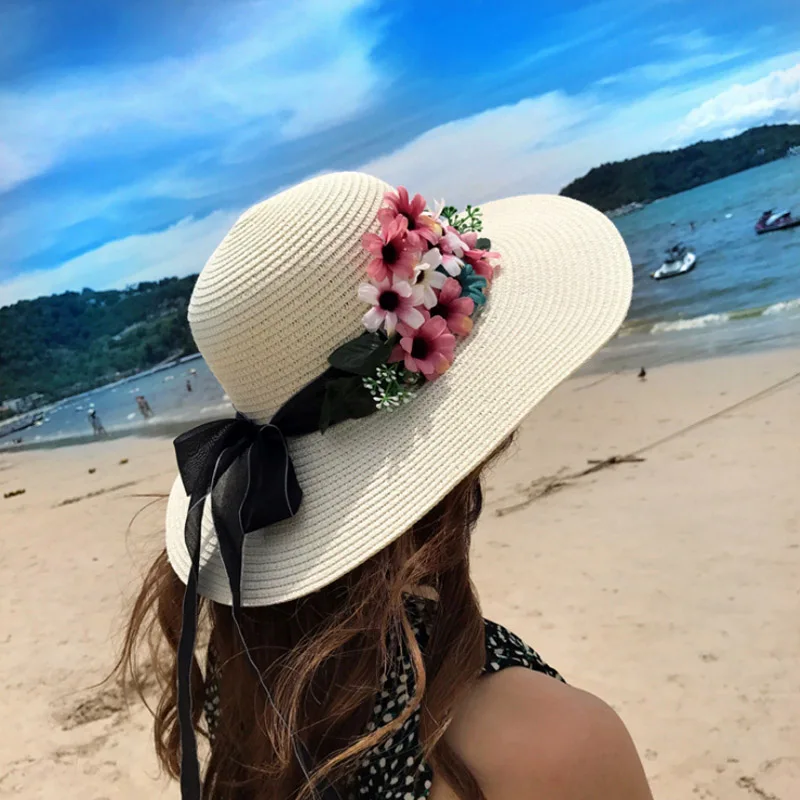 

Women Sun Hat UV Protection Casual Summer Beach Floppy Hat Wide-Brimmed Straw hat Fresh Flower Bow Hat