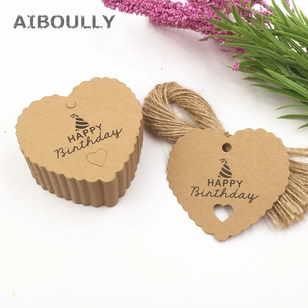 

100pcs/pack Kraft Paper Tags sign HAPPY BIRTHDAY Brown Lace Heart Shaped Favor Lolly Heart Hollow Label Luggage party gifts tags