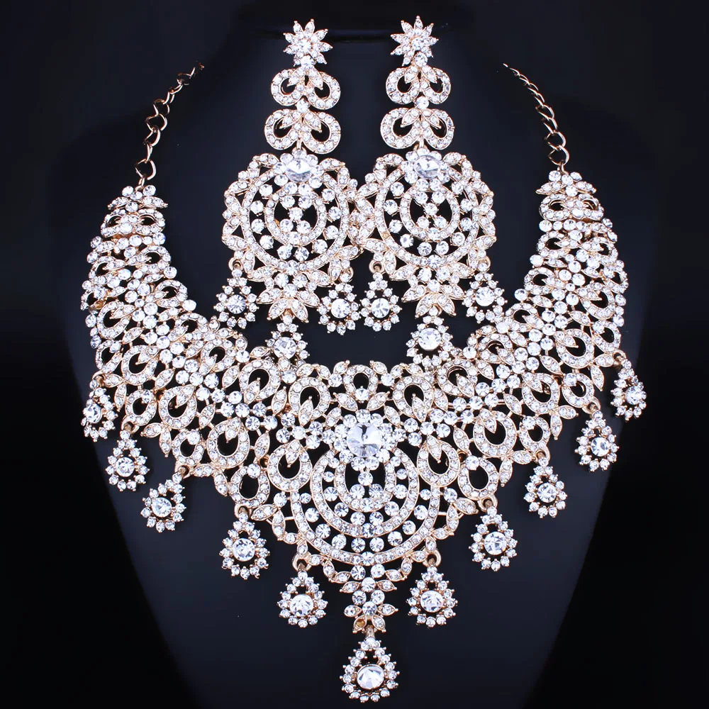 Марокканский Стиль ожерелье серьги набор с кристаллами Стразы Роскошные свадебные ювелирные наборы невесты