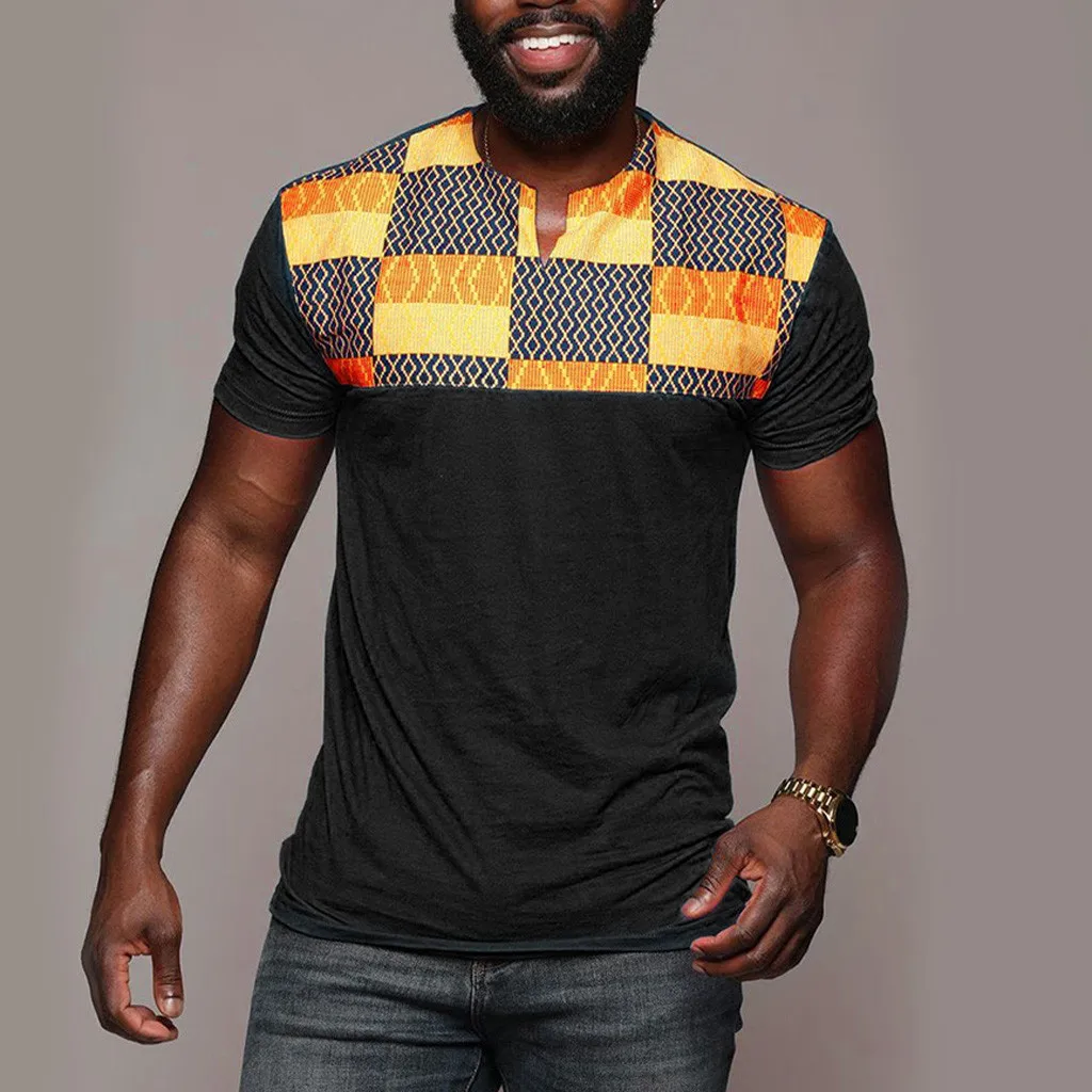 

Summer T Shirt Men's ethnic short-sleeved printed stitching shirt top O-neck Geometric camisetas hombre estampadas Tshirt Men