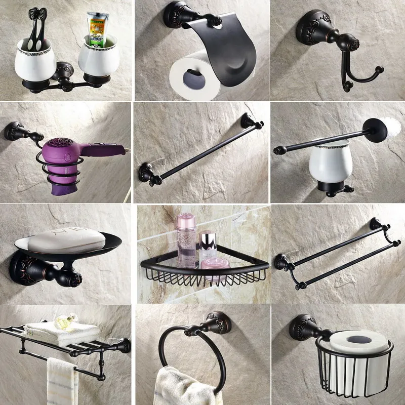 

Black Oil Rubbed Brass Wall Mount Bath Accessories Set Towel Bar Soap Dish Robe Hook Toilet Paper Holder Toothbrush Holder A009