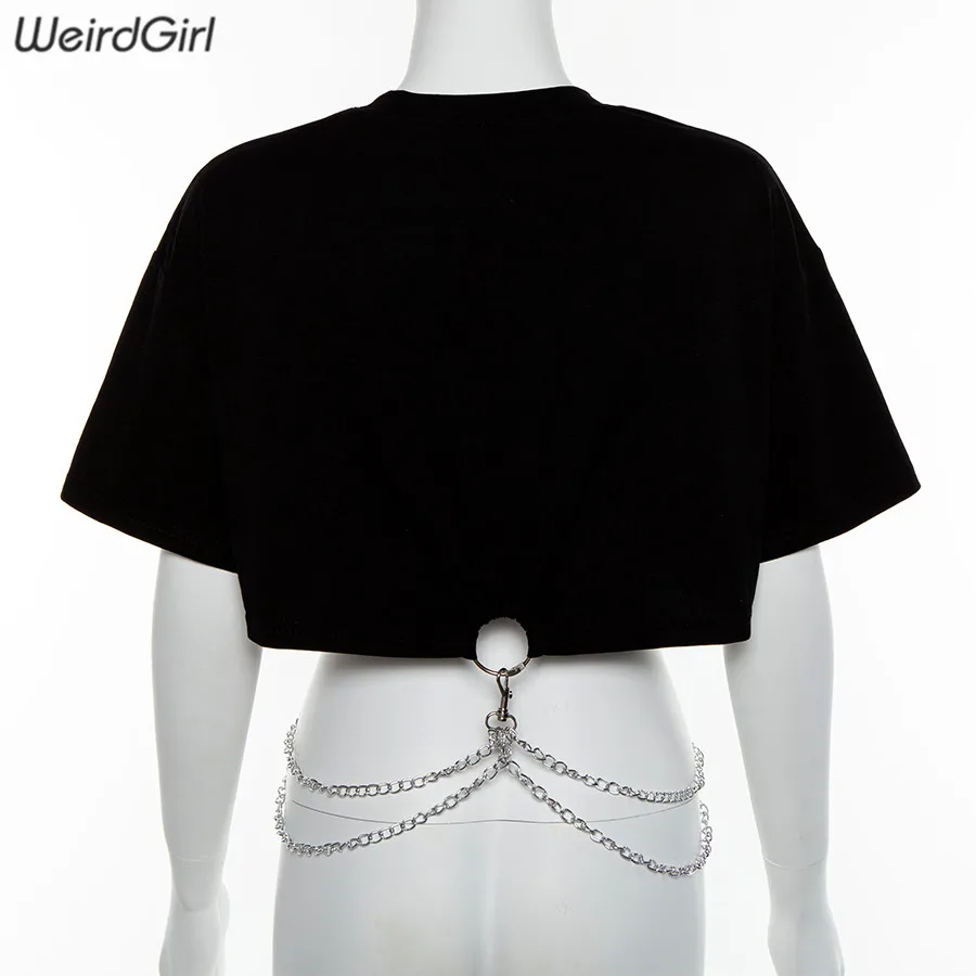 Новая женская укороченная однотонная футболка с коротким рукавом с круглым воротником с разрезами на цепи с буквенным принтом модная майка