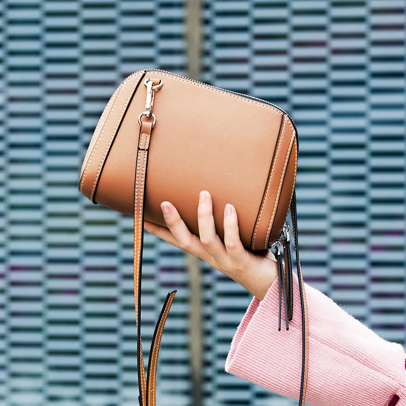 Women's Korean fashion leather double zipper shoulder bag Cross section square leather shell zipper Messenger bag