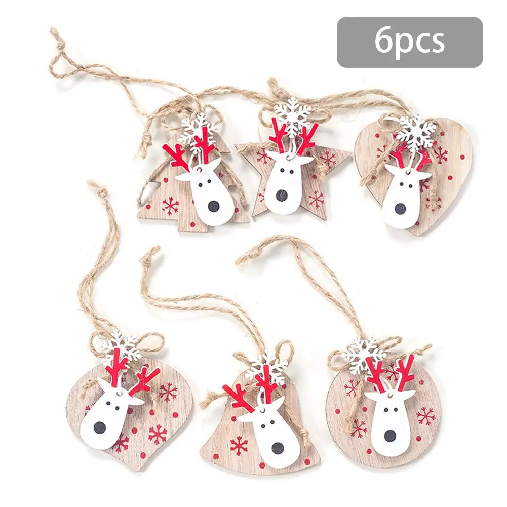 

6pcs/set Christmas Tree Ornament Wooden Moose Head Hanging Pendants Angel Snow Bell Elk Star Christmas Decorations For Home