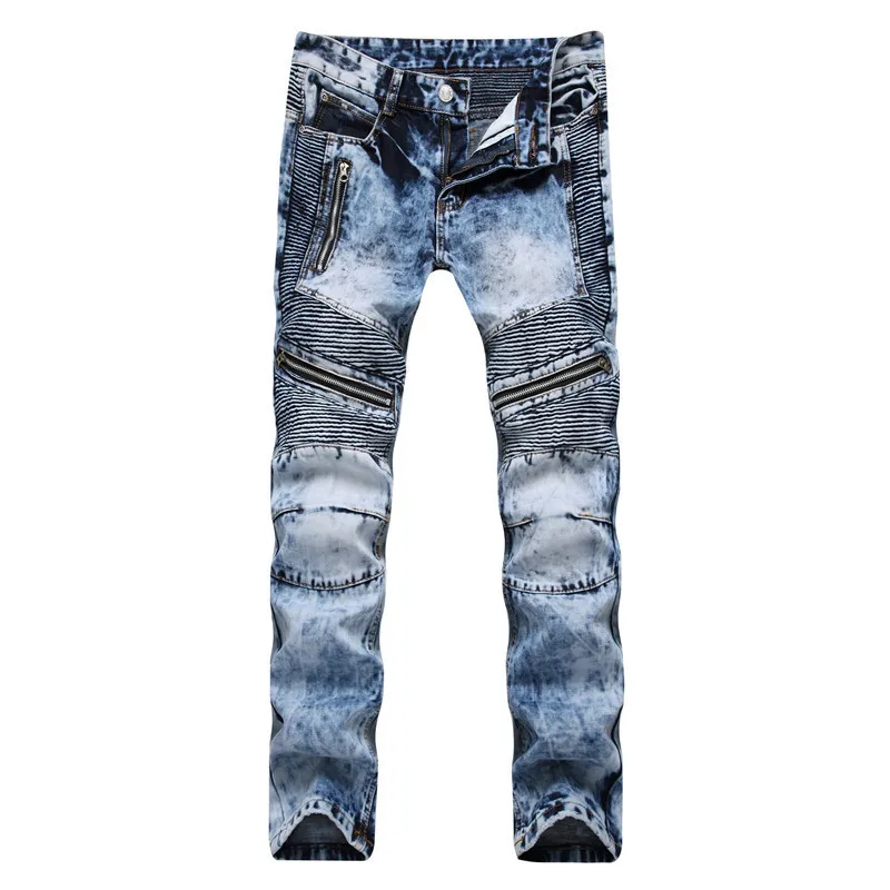 MORUANCLE Men's Pleated Biker Jeans Hi Street Motorcycle Denim Trousers