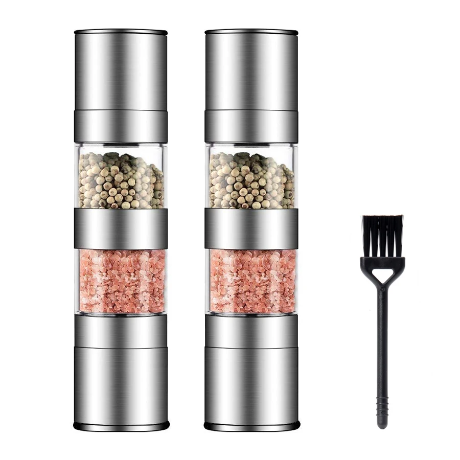 

2 in 1 Stainless Steel Dual Grinders For Salt & Pepper - Good Fresh Manual Grind - Small Cleaning Brush Including
