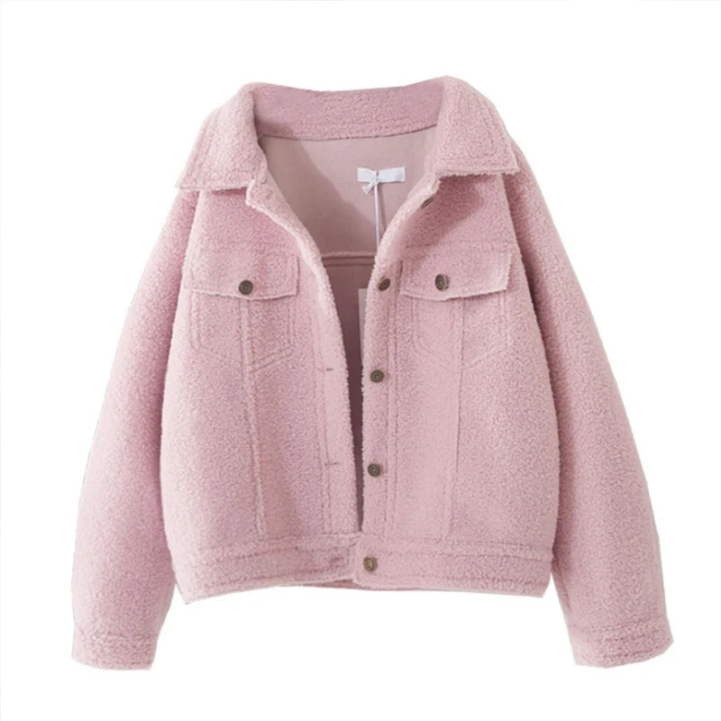 Розовая шуба из овечьей шерсти, Женское пальто, уличная флисовая куртка, меховая шерстяная короткая куртка, женские зимние пальто, однослойная винтажная куртка