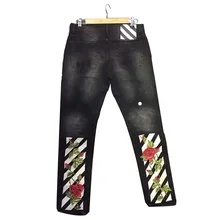 2017FW ripped байкерских джинсы узкие пережевывать мужчин Джинсы Полосатый Вышивка destoryed Джинсовые Брюки Джинсы