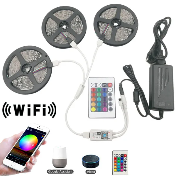 5 м 10 м 15 м WiFi Светодиодная лента RGB Водонепроницаемая SMD 5050 2835 12 В 12 в rgb Диодная гибкая лента WiFi конторлер+ адаптер штекер