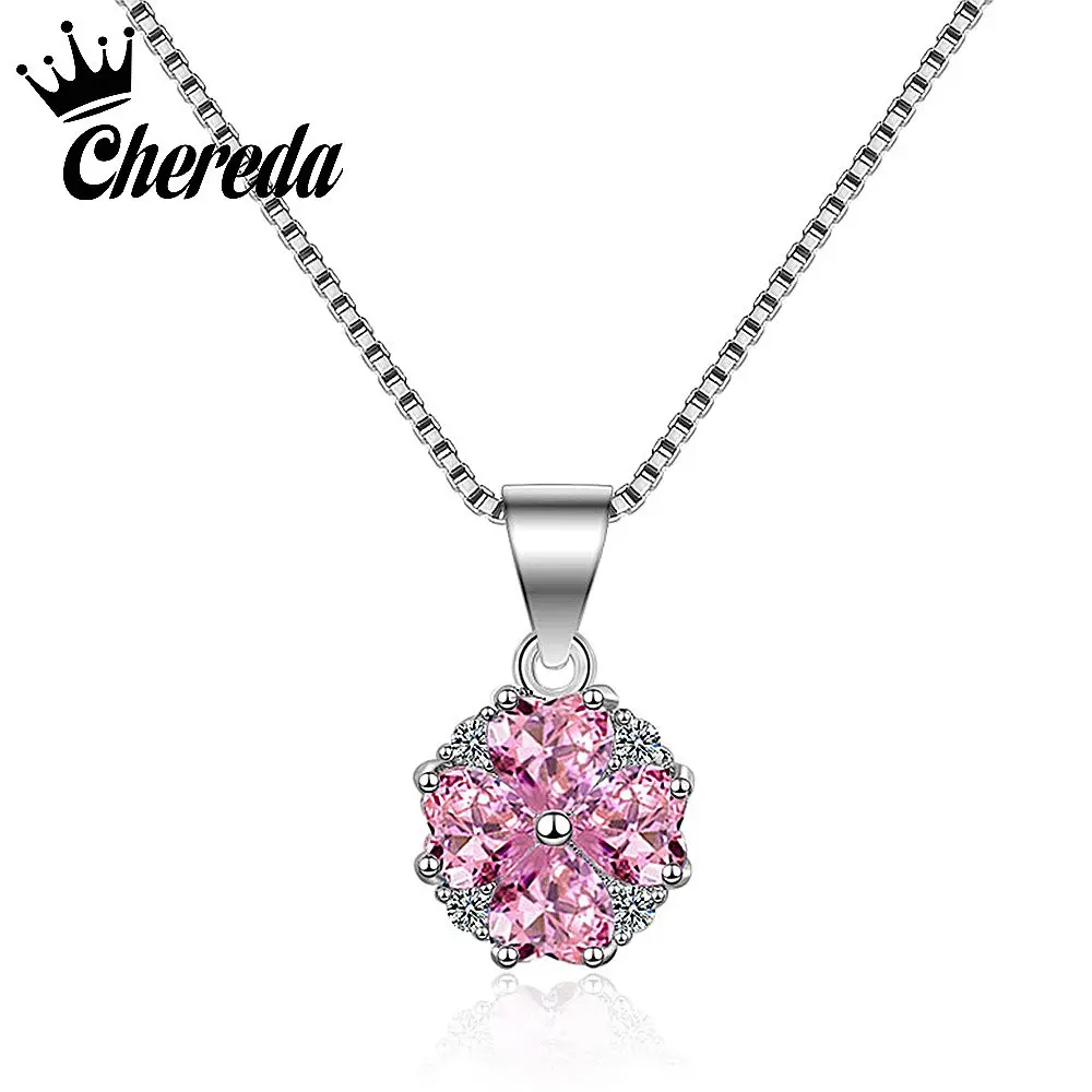 

Chereda Crystal Pink Color Necklace Women Small Geometric Pendant Fashion Jewelry Popular Lady Wedding Accessories Present
