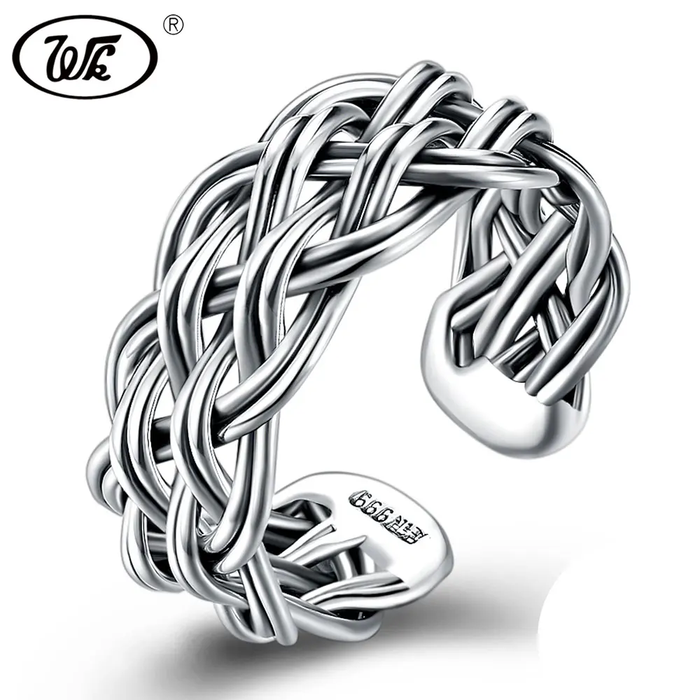 

WK Hot Fashion Real Pure 925 Sterling Silver Rings Jewelry For Women Retro Mesh Open Adjustable Ring Silver Ring Female 4W NRY93