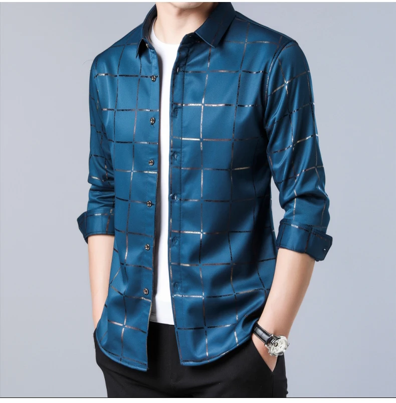 2021 Brand Casual Spring Luxury Plaid Long Sleeve Slim Fit Men Shirt Streetwear Social Dress Shirts Mens Fashions Jersey 2309