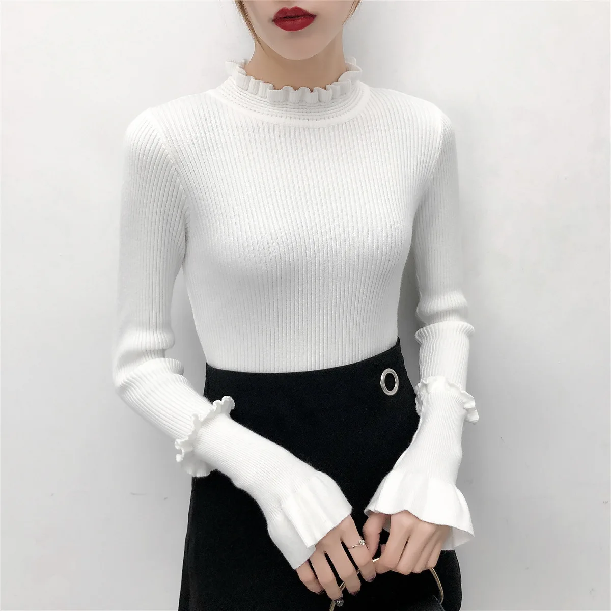 

Ruffled Collar Sweater Women Autumn Winter Tops Knitted Pullovers Long Sleeve solid color Jumper Pullovers