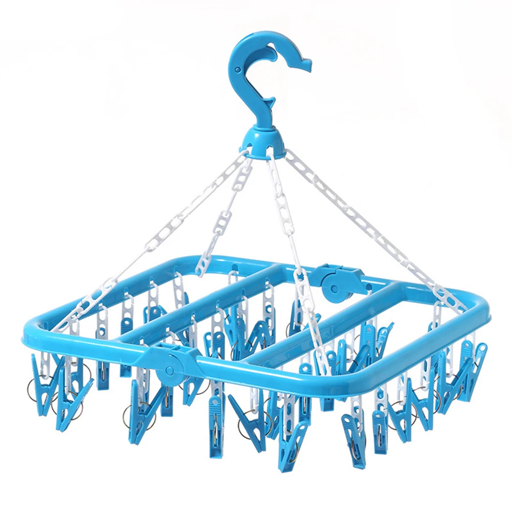 32 Clips Underwear Folding Hanger Plastic Sock Clothe Clip Airer Dryer Rack Clothes Hanger Fold Plastic Drying Rack - Цвет: Синий