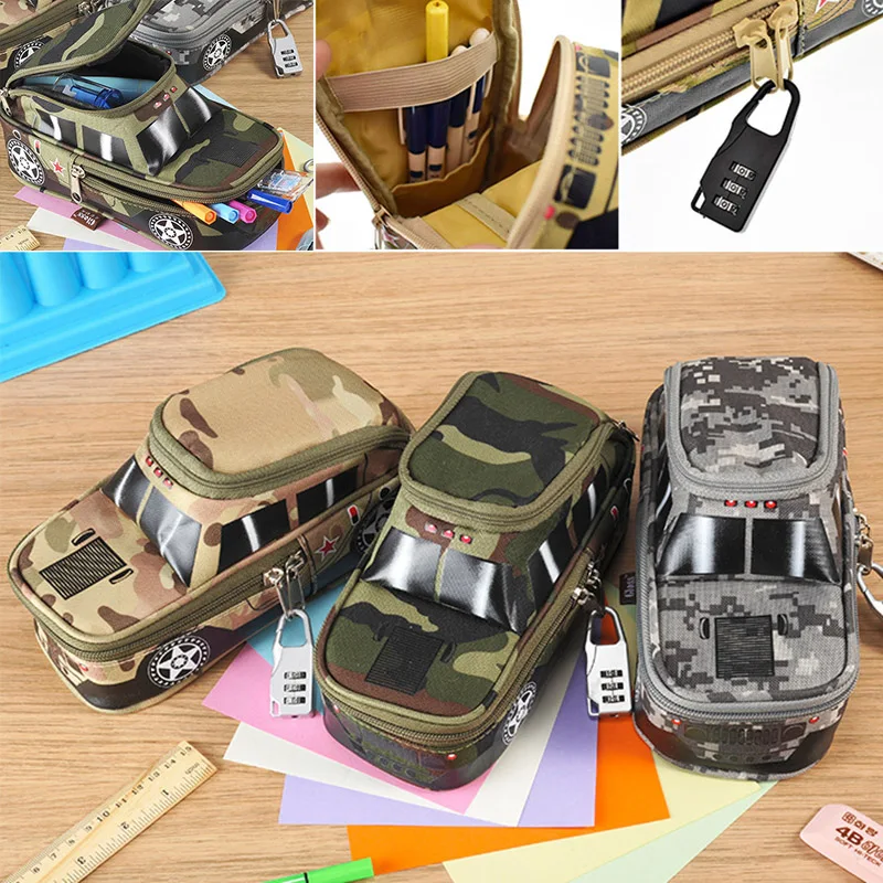 Большой емкости Pencilcase креативный Внедорожник Стиль Пенал Камуфляж молния холст