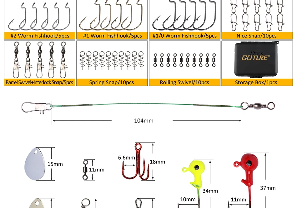Goture 128 шт. рыболовных аксессуаров для приманки, набор для установки в Техасе с пулевыми грузила и жесткой пластиковой коробкой для рыболовных снастей