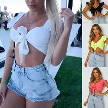 Женский топ, бинты, однотонный бюстгальтер, сексуальный женский топ с глубоким v-образным вырезом, футболка с короткими рукавами, летняя блузка, укороченный топ