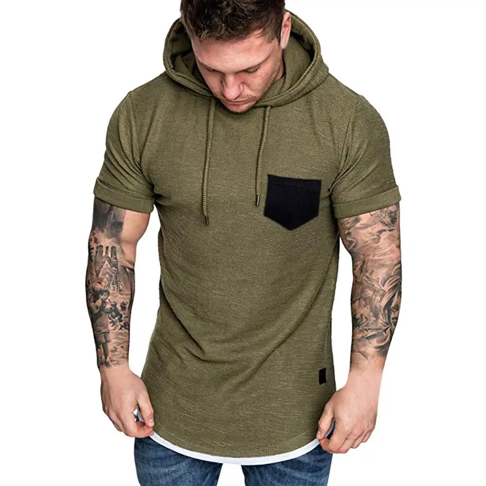 

2019 Design New Sport Shirt Men Hooded T-Shirt Solid Short Sleeve Fitness Tshirt Clothes Jogging Running rashgard Men Gym Shirts