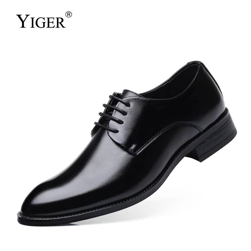 Мужские деловые туфли YIGER черные/коричневые кожаные оксфорды на шнуровке большие