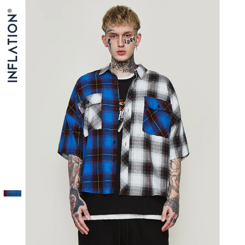 

INFLATION High Street Lattice Colour Block Short Sleeve Shirt Hip hop Swag Plaid Casual Shirt 2019 Summer Men Clothes 9204S