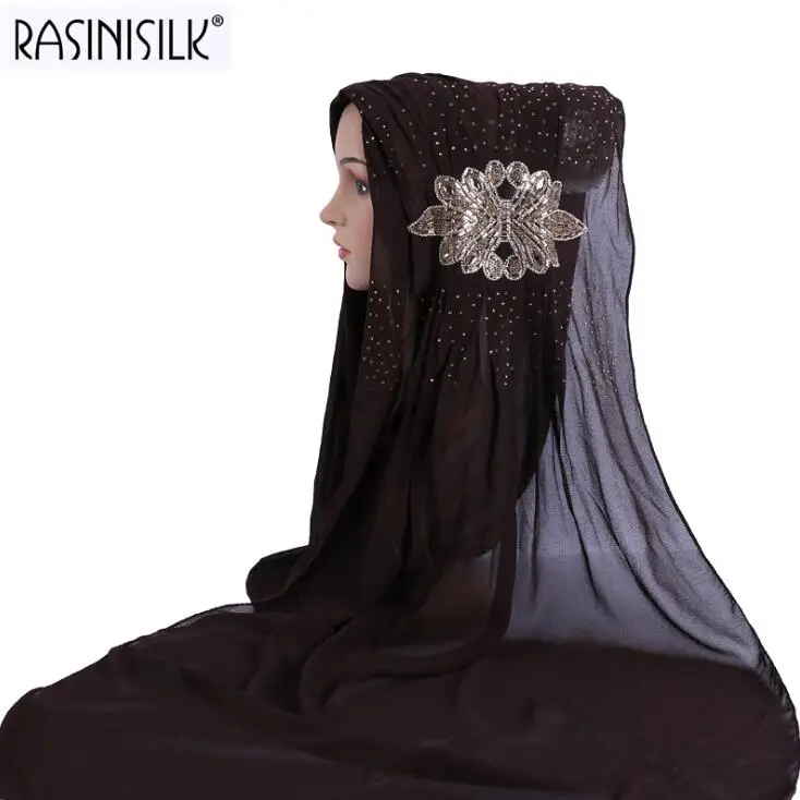 

2019 Premium Bubble Chiffon Women Scarves Shawls Muslim Hijabs Headscarf Exquisite Rhinestone Floral Islamic Voile 27.5*67inch