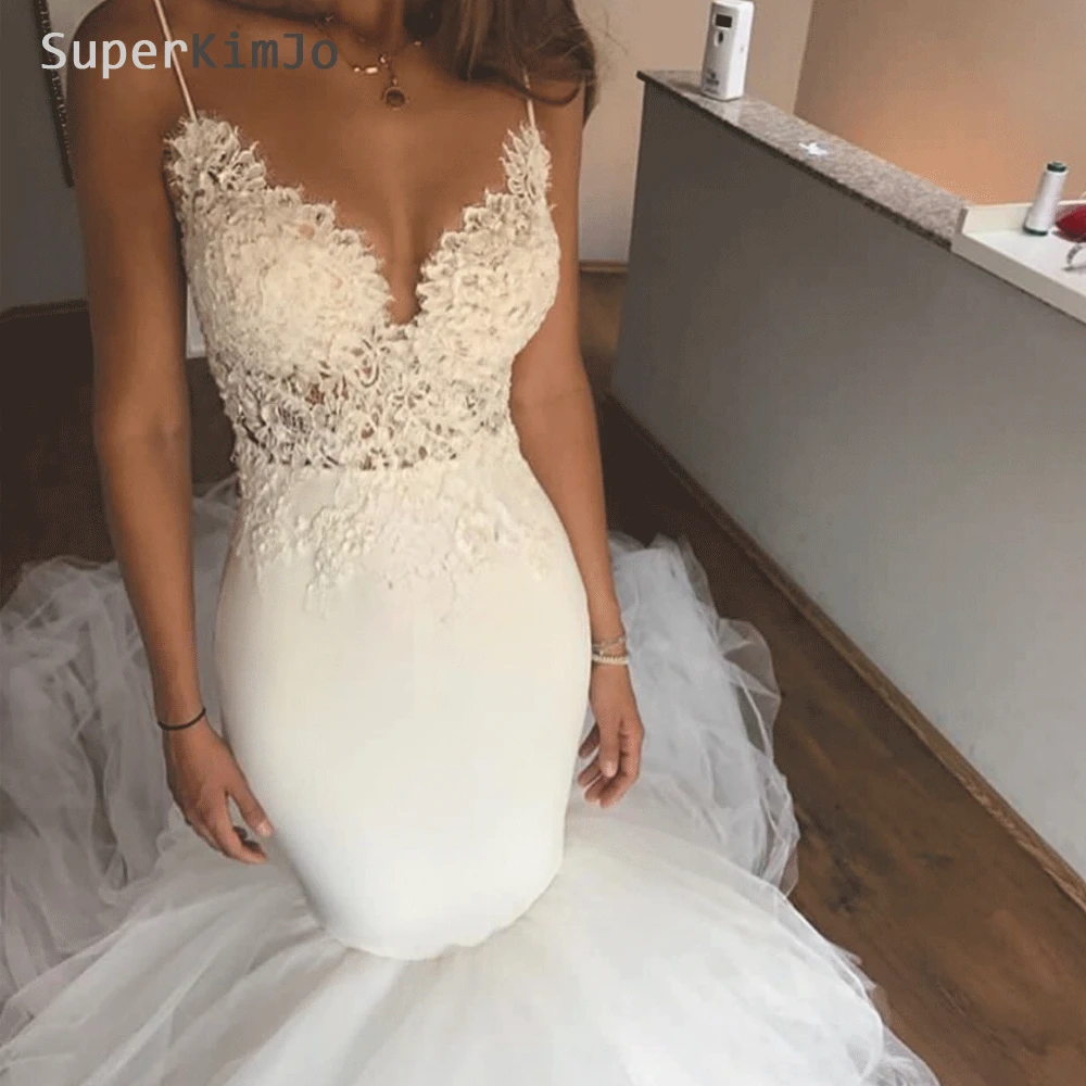 

SuperKimJo Robe De Mariee Mermaid Wedding Dresses 2019 Spaghetti Straps Elegant Lace Applique Sexy Bridal Dress
